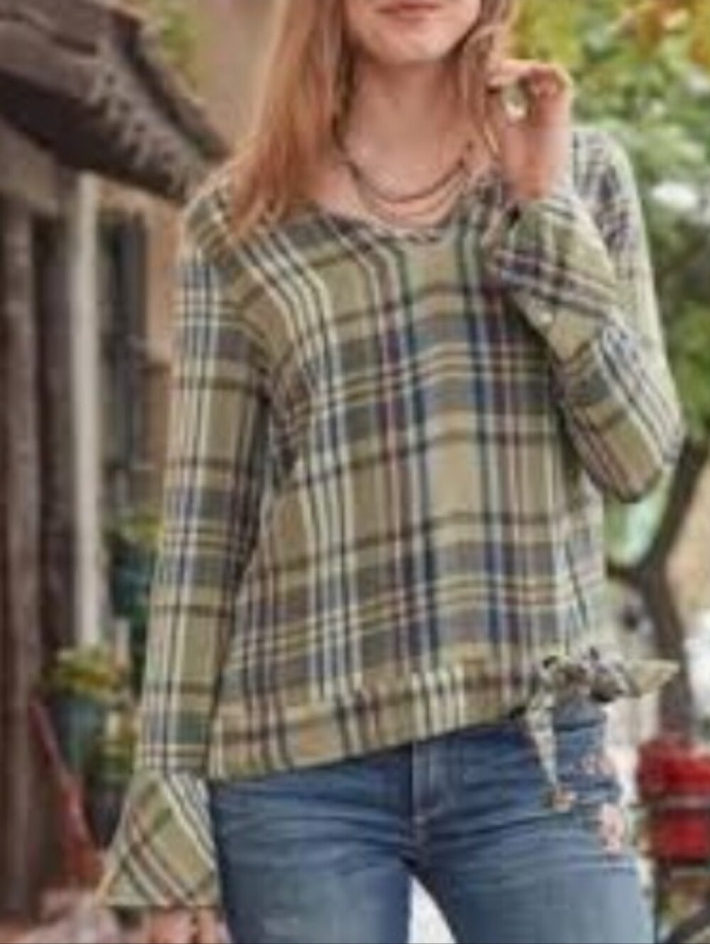 Sundance Green Blue Plaid Tie Waist Bell Sleeve Longsleeve Size Medium